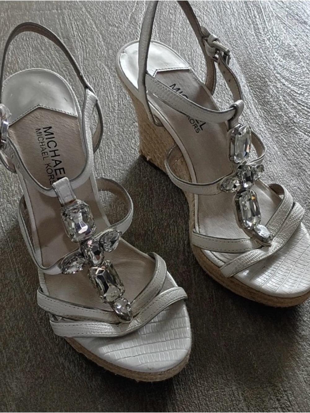 MICHAEL Michael Kors Silver Jeweled Espadrille Wedge Sandals